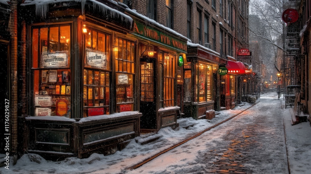 Fototapeta premium Snowflakes coat the streets of a nighttime city, and the puffy white smoke from a distant fire add a cinematic quality to the old Victorian-era structures