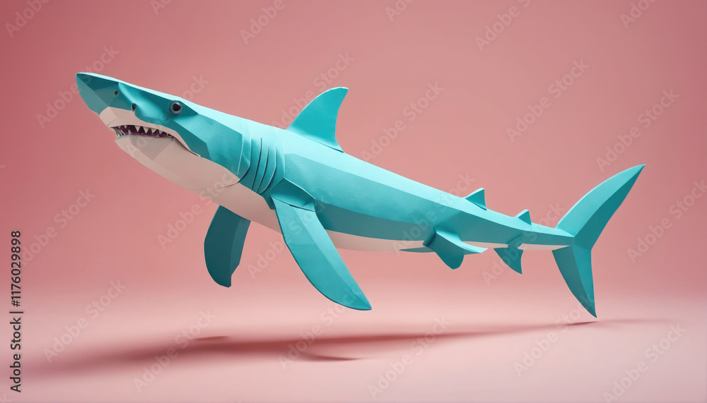 Fototapeta premium Colorful 3D paper shark swimming through pink background in a modern design setting