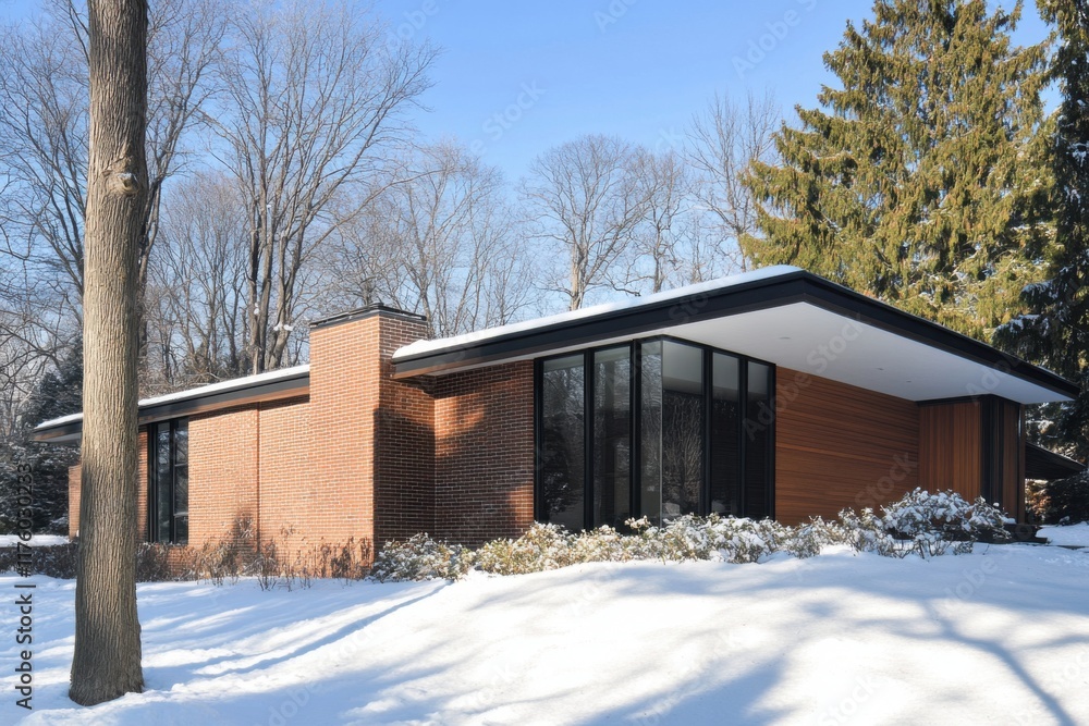 Modern architectural design of a brick house surrounded by snow-covered landscape in winter, showcasing large windows and clean lines among deciduous trees Modern architectural design of a brick house surrounded by snow-covered landscape in winter, showcasing large windows and clean lines among deciduous trees