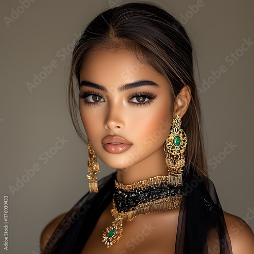 Stunning beauty with flawless skin and fashionable clothing, posing in a stylish way. Capturing the essence of contemporary fashion with a photogenic appearance and glamorous style. 