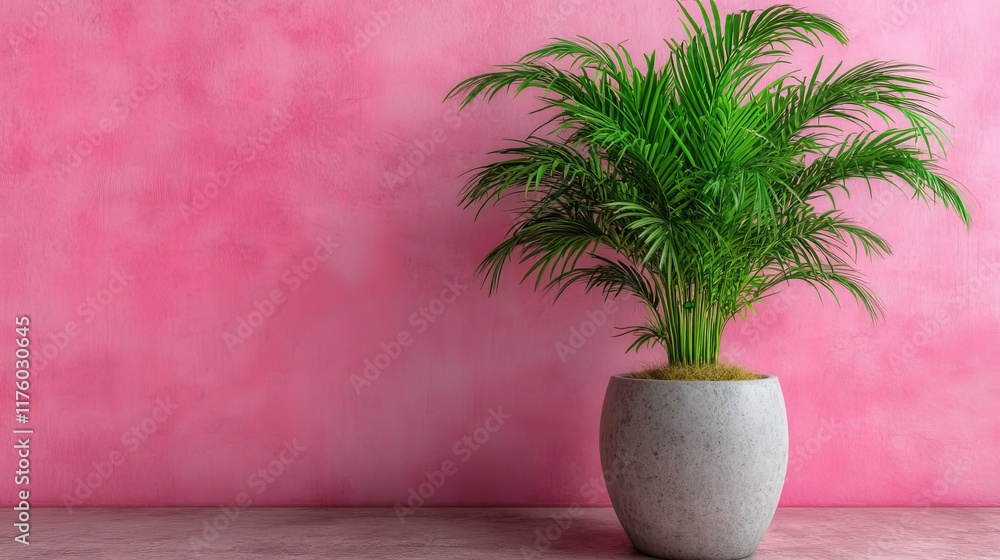 Fototapeta premium On a pink surface, a potted plant is framed by a pink wall in the background