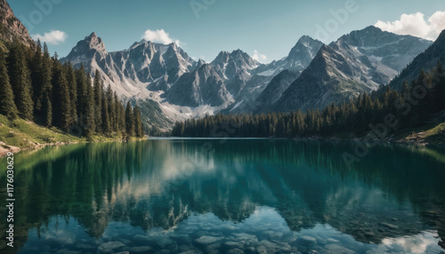 Tranquil mountain landscape reflects serene lake under clear blue sky surrounded by majestic peaks
