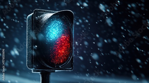 futuristic holographic traffic light in snowy night with red signa