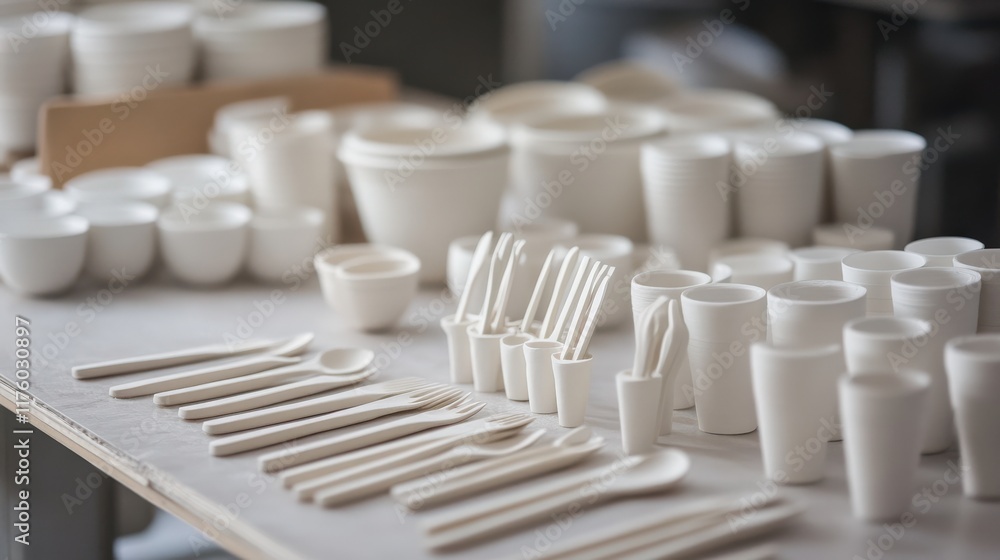 Aesthetic Arrangement of White Disposable Tableware and Utensils on a Clean Surface Showcasing Minimalist Design for Catering and Events Aesthetic Arrangement of White Disposable Tableware and Utensils on a Clean Surface Showcasing Minimalist Design for Catering and Events