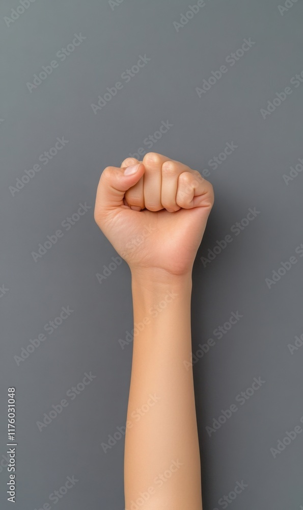 Strong fist raised upwards against a gray background representing determination and empowerment in society Strong fist raised upwards against a gray background representing determination and empowerment in society