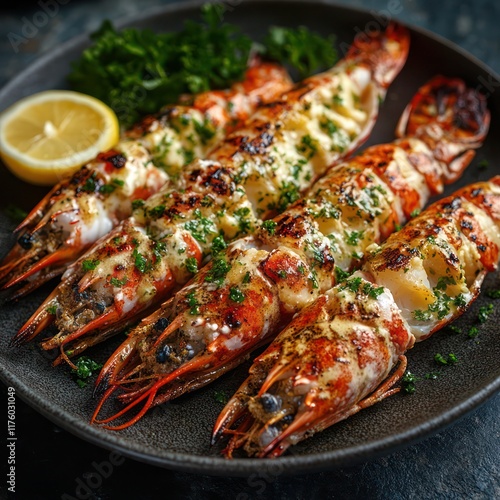 Succulent grilled langoustines drizzled with garlic butter, served with a side of zesty lemon and a sprinkling of fresh parsley photo