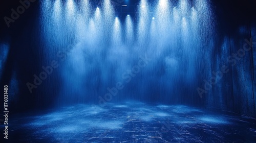 Blue Rainfall with Dramatic Lighting Effect. Generative AI