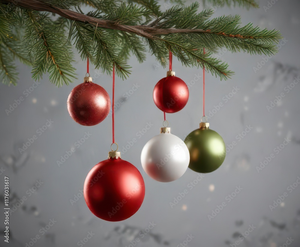 Christmas ornament elements hanging from a branch, winter holiday decor, berries Christmas ornament elements hanging from a branch, winter holiday decor, berries