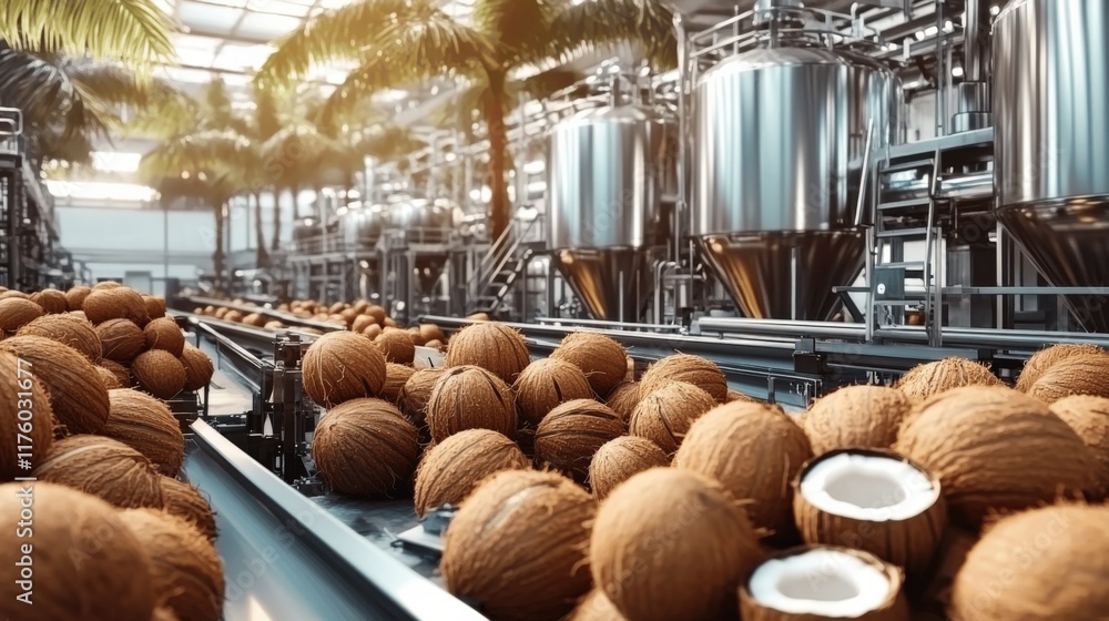 Fototapeta premium Coconut Processing Factory with Industrial Machinery and Technology Featuring Fresh Coconuts on Conveyor Belt in Tropical Plantation Setting for Manufacturing