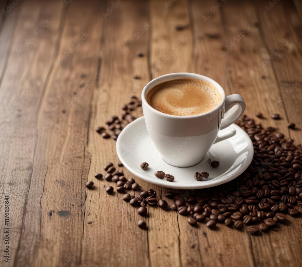 Classic espresso cup on worn wooden table with coffee beans scattered around, table setting, coffee Classic espresso cup on worn wooden table with coffee beans scattered around, table setting, coffee