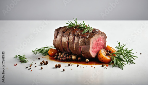 Deliciously cooked beef roast garnished with herbs and spices ready for serving at a celebratory meal photo