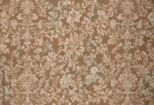 Classic damask pattern featuring intertwined vines and leaves in muted earth tones ,  wallpaper,  vintage photo