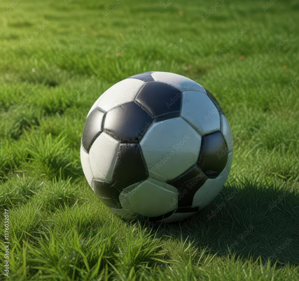Closeup of soccer ball on lush green grass with subtle texture and reflections, green grass, ball Closeup of soccer ball on lush green grass with subtle texture and reflections, green grass, ball