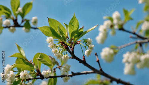 Blooming cherry blossoms on a sunny spring day with clear blue sky