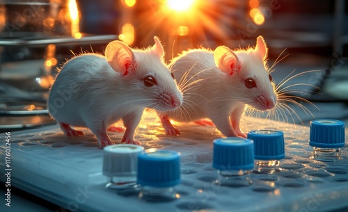 Baby mice, three in number, stand on blue bottles that rest on a table, looking straight at the camera photo