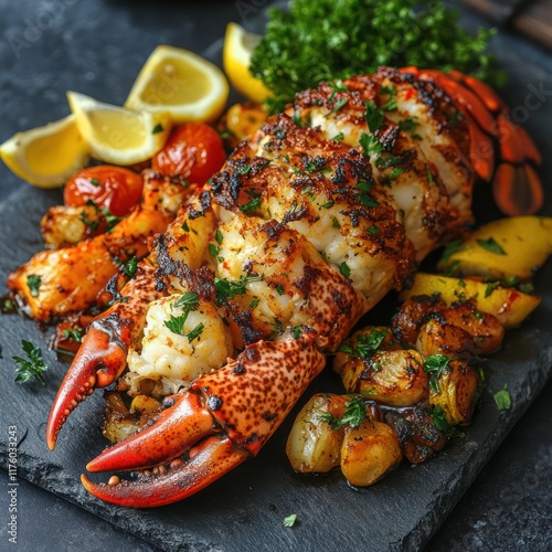 elegant lobster thermidor served in its shell, surrounded by sautéed vegetables, garnished with fresh parsley and lemon wedges photo