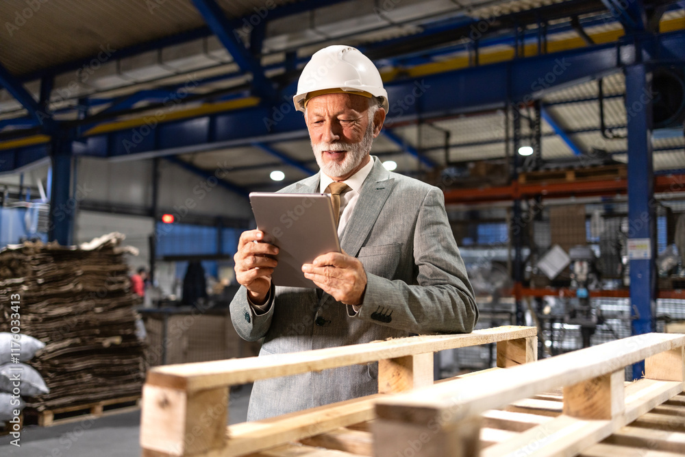 Factory CEO in business suit and hardhat checking production on tablet computer. Factory CEO in business suit and hardhat checking production on tablet computer.