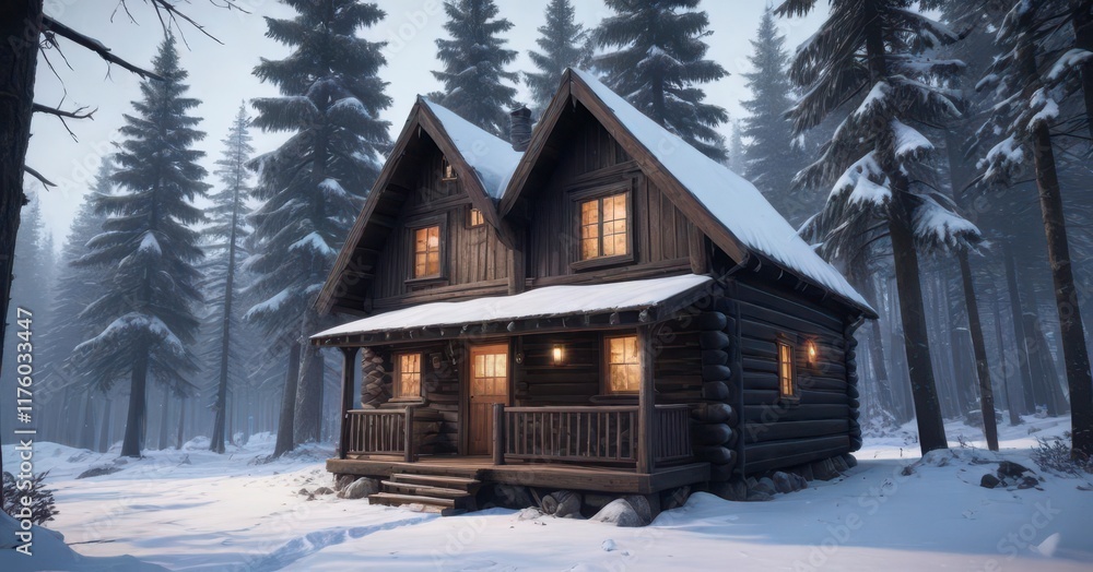 Dark wooden cabin in the midst of a snow-covered forest,  isolated landscape,  trees