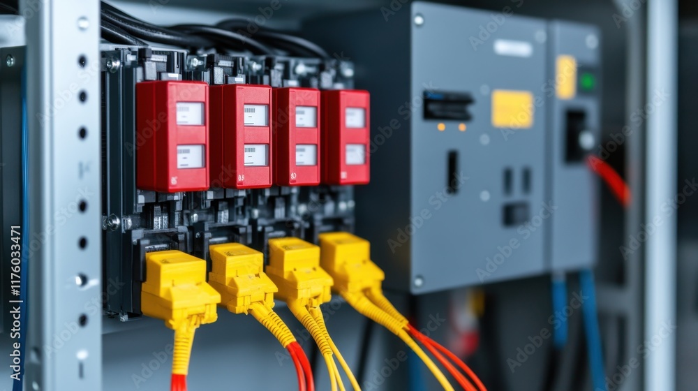 Close-up View of Complex Electrical Control Panel with Red Relays and Yellow Connectors in a Factory Setting Close-up View of Complex Electrical Control Panel with Red Relays and Yellow Connectors in a Factory Setting