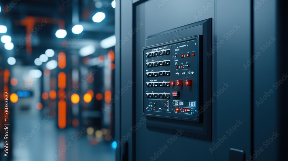 Control Panel with Switches and Indicators in Modern Data Center with Bright Lighting and High-Tech Equipment Control Panel with Switches and Indicators in Modern Data Center with Bright Lighting and High-Tech Equipment