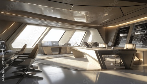 A modern, sleek office interior with large windows and advanced technology displays.