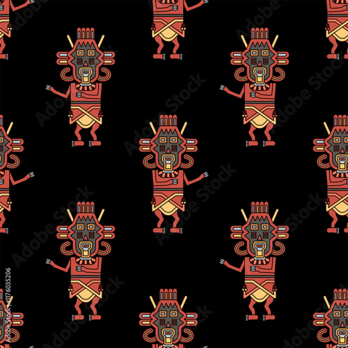 Seamless ethnic pattern with stylized human figurines from Paracas. Indigenous ethnic Native American design from ancient Peru. On black background.