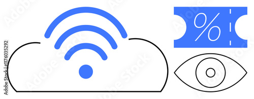 Cloud with wireless connectivity signal, discount ticket, and eye icon. Ideal for tech, finance, internet services, marketing, security data analytics retail. Abstract line flat metaphor