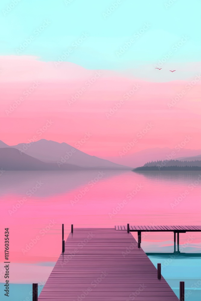 Naklejka premium A tranquil Asian landscape captured in watercolor, showcasing mountains, a lake, houses, and a pier