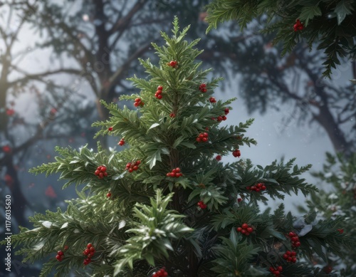 Evergreen tree surrounded by festive holly branches and snowflakes,  winter wonderland,  trees