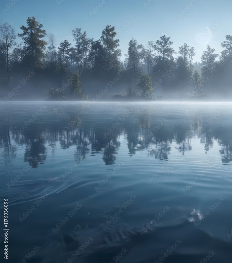 Calming mist rises from a serene lake on an abstract blue background, with gentle ripples and soft light, water, outdoor Calming mist rises from a serene lake on an abstract blue background, with gentle ripples and soft light, water, outdoor