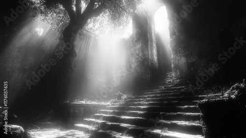 Mysterious Monochromatic Ruins With Light Rays. Generative AI photo