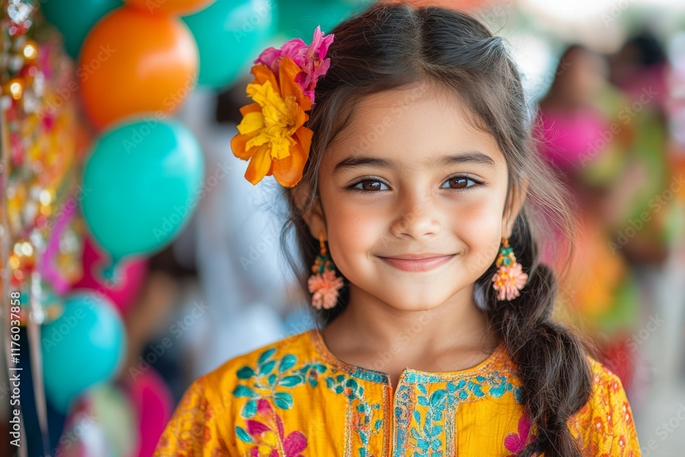 A child wearing a brightly colored kurta with playful patterns, standing in a festive setting with balloons and flowers A child wearing a brightly colored kurta with playful patterns, standing in a festive setting with balloons and flowers