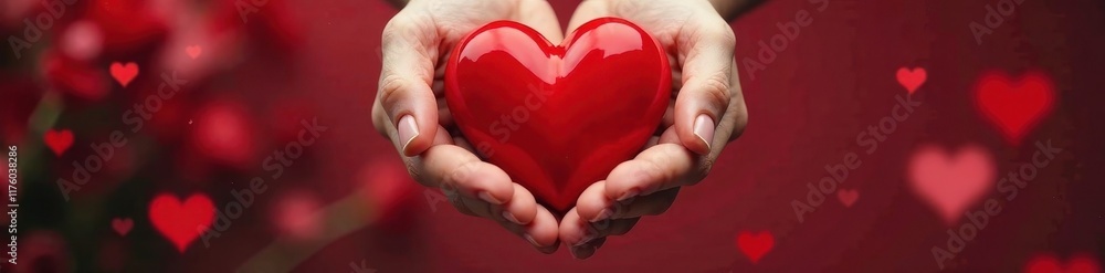 Fototapeta premium Hand gently holds a vibrant red heart Valentines, giving, care , valentines day, concept