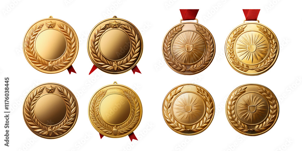 Collection of Golden Medals with Red Ribbons and Laurel Wreaths Collection of Golden Medals with Red Ribbons and Laurel Wreaths
