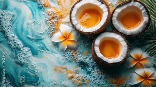 Coconut and Exotic Liquid on Turquoise Background. Generative AI
