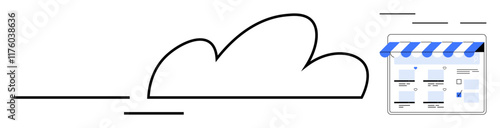 Shopfront with awning connected to cloud. Ideal for ecommerce, cloud computing, web hosting, online business, digital transformation, technology integration, data management. Abstract line flat