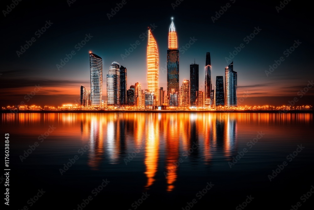Obraz premium A cyberpunk-inspired Kuwait City with neon-lit skyscrapers, glowing water features, and holographic advertisements in the skyline