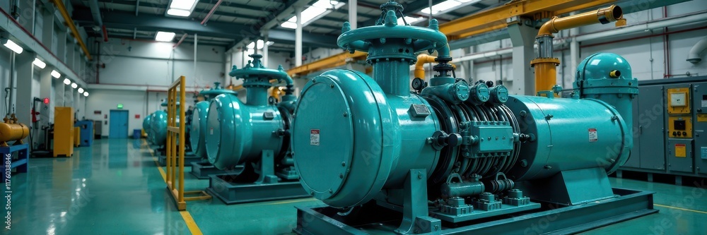 A gas field compressor unit with intricate piping and control panels, maintenance, inspection A gas field compressor unit with intricate piping and control panels, maintenance, inspection