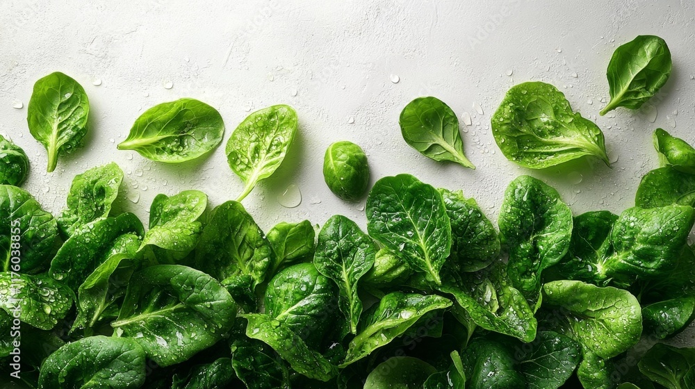 Obraz premium Fresh Green Spinach Leaves with Water Drops. Generative AI