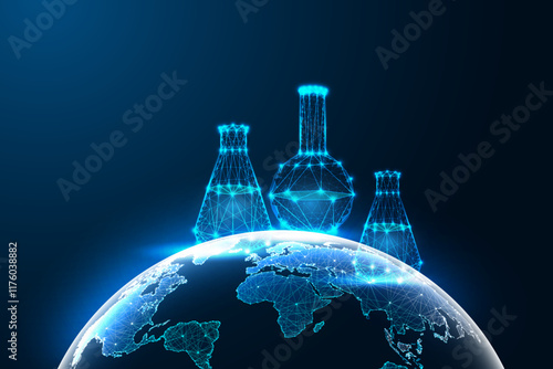 Global scientific research concept with glowing chemical flasks above Earth on dark blue background.