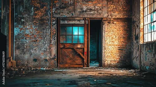 A doorway to a deserted, industrial space with worn brick walls, graffiti, and a  light shining through a window.