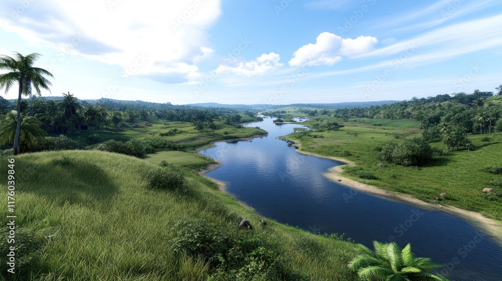 Obraz premium Serene river landscape with lush greenery and blue skies.