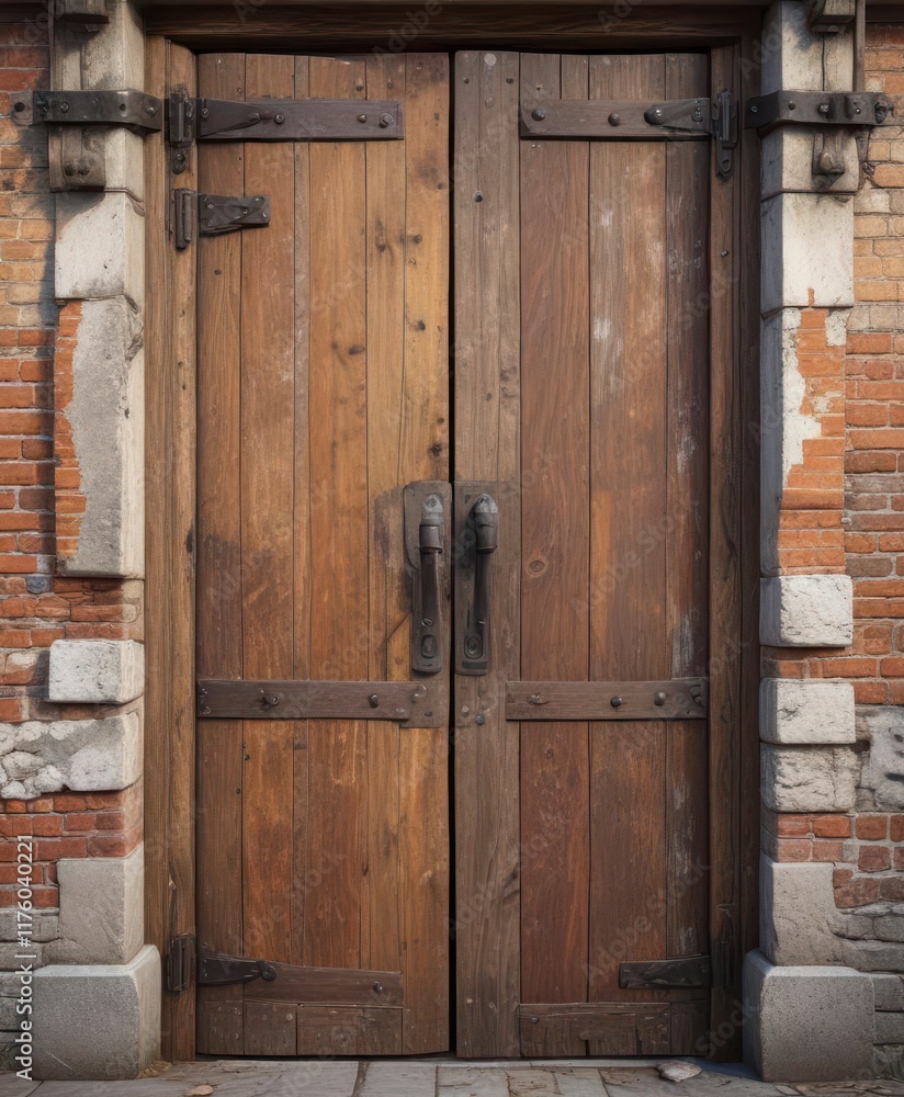 Distressed, worn wooden door with rusty hinges and weathered planks, rugged, wood texture Distressed, worn wooden door with rusty hinges and weathered planks, rugged, wood texture