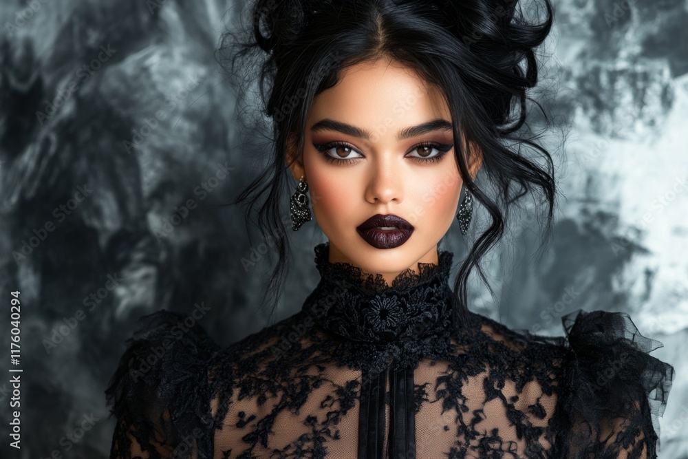 A gothic-style kurta with dark embroidery and intricate lace details, photographed in a dramatic, moody setting A gothic-style kurta with dark embroidery and intricate lace details, photographed in a dramatic, moody setting