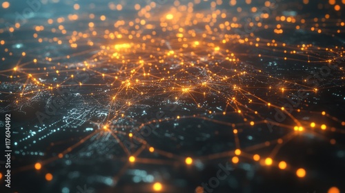Abstract Visualization of Digital Connections and Network Activity Over a Cityscape with Glowing Nodes and Geometric Patterns at Night