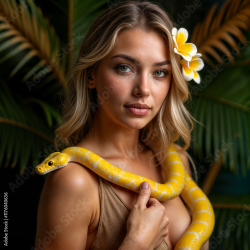 a woman with blonde hair adorned with a white flower in her hair. She is holding a yellow and white striped snake draped around her shoulders. The background is a dark, tropical set