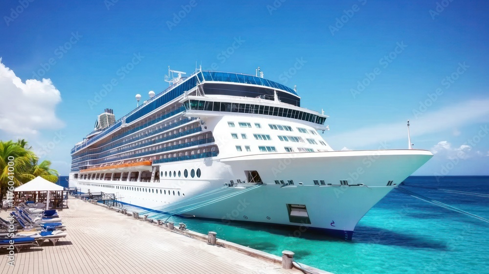 A large cruise ship docked near a tropical beach. A large cruise ship docked near a tropical beach.