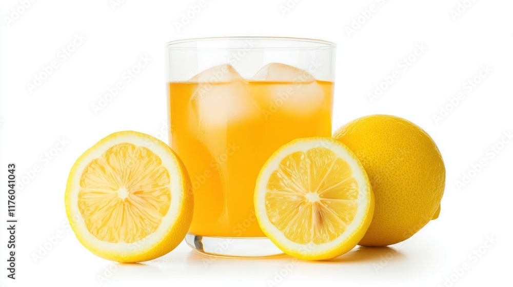 A refreshing glass of lemonade with fresh lemon halves. A refreshing glass of lemonade with fresh lemon halves.
