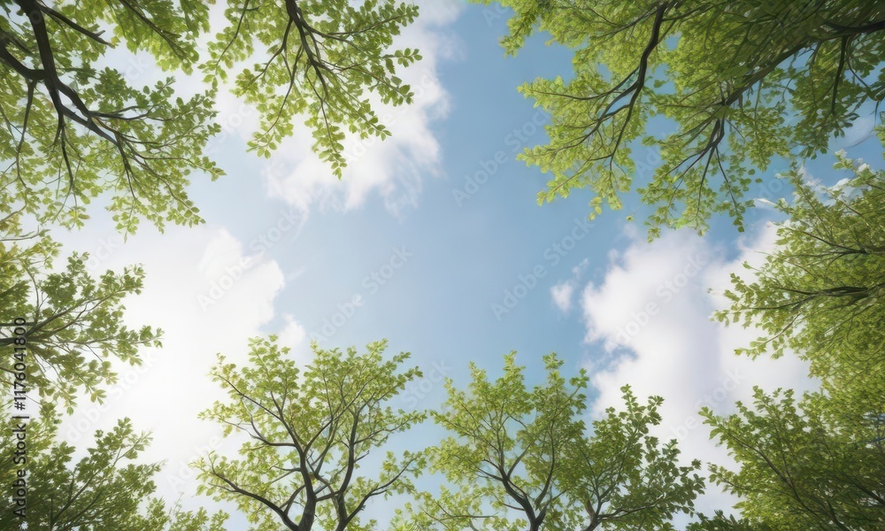 Obraz premium Tree branches stretching towards sky with lush green leaves against snowy white background, white, green leaves