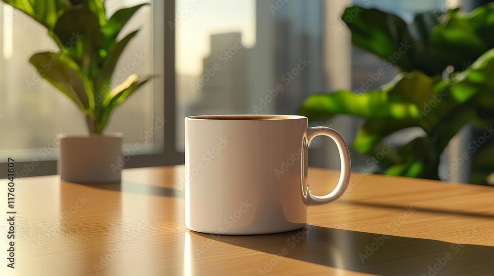 Coffee Cup on a Sunlit Desk. Generative AI Coffee Cup on a Sunlit Desk. Generative AI